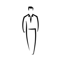 Logo de boutique de moda masculina. Dibujo sencillo con líneas de un hombre andando de frente, con camisa y pantalón  © teracreonte