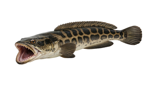 Great snakehead fish (Channa marulius) with elongated body, open mouth, and sharp teeth, isolated on transparent background. Predatory freshwater species concept for biology, fishing.