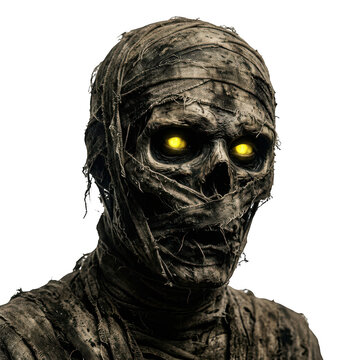 Closeup portrait of a terrifying ancient mummy with glowing yellow eyes isolated on transparent background