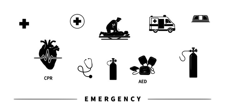 Emergency Icons Depicting Medical Symbols, Cpr, Aed, Ambulance, and Oxygen Tank Featuring Symbol Illustration Vector
