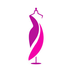 Logotipo de boutique de moda femenina. Dibujo minimalista de un maniquí de costura estilizada con un vestido de gala o de boda con falda formado por curvas en rosa y morado © teracreonte