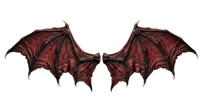 Pair of realistic dark red dragon wings isolated on transparent background