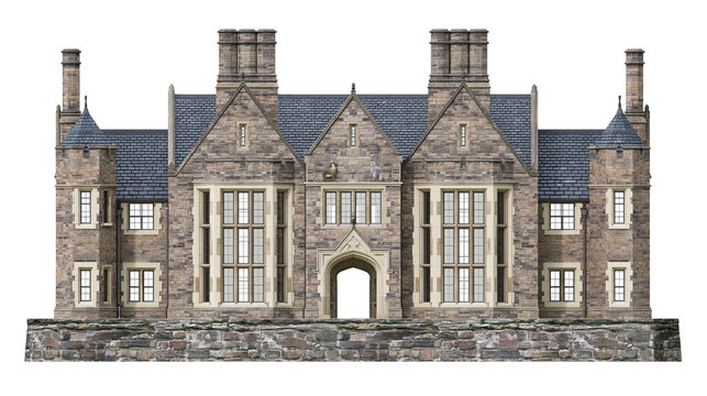 Grand stone manor house with multiple chimneys and arched entrance