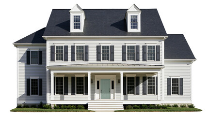 Obraz premium Two-story suburban house with gray siding and black shutters
