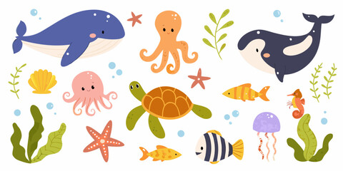Sea creature vector illustration set with whale octopus and turtle © Sabita