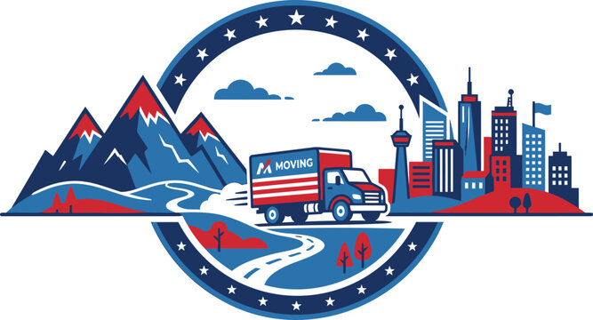 Moving service circular emblem with mountain and city skyline background.