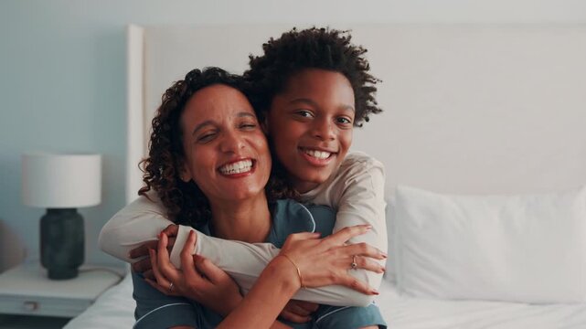 Smile, hug and face of mom with child on bed in home for bonding, love and connection together. Happy, relax and portrait of kid embracing mother for safety, support and trust in family at house.
