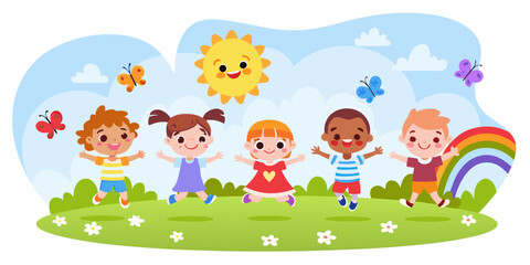 Children Playing With Sun And Rainbow Colorful Vector Illustration © Sabita