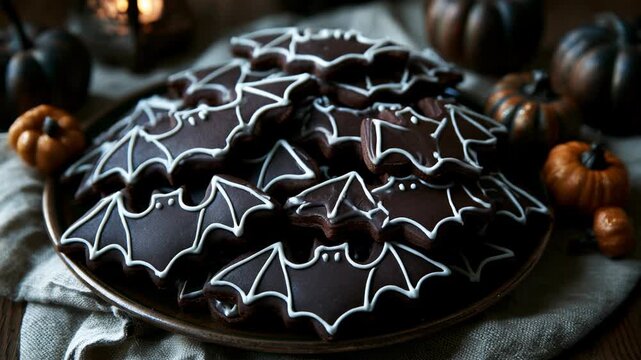 Woman picking up a bat shaped cookie from a plate. Halloween dessert arrangement on a table. Homemade chocolate pastry for festive celebration, culinary tradition.