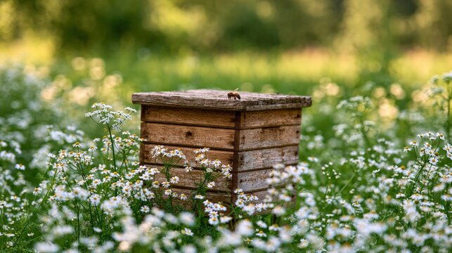 Rustic wooden beehive nestled in a vibrant meadow of white wildflowers with a bee on top, capturing the essence of nature and beekeeping.