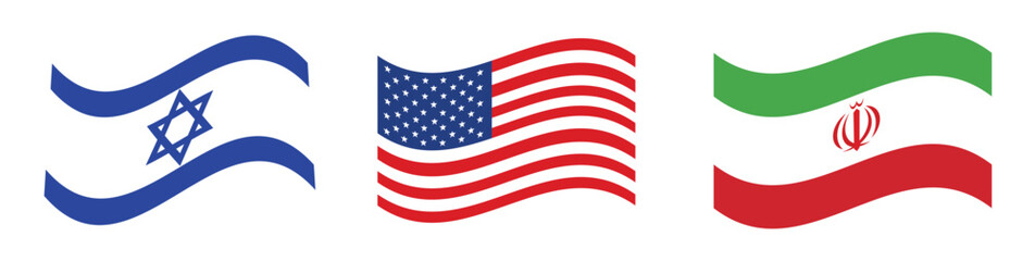 Obraz premium Flags of Israel, USA, and Iran waving. National symbols and international relations. Global politics and diplomacy.