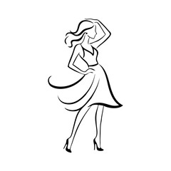 Logo de boutique de moda femenina. Dibujo sencillo con líneas de una mujer de perfil con una mano apoyada en la cadera y la otra levantada hacia la cabeza, con un vestido fluido con ondas © teracreonte