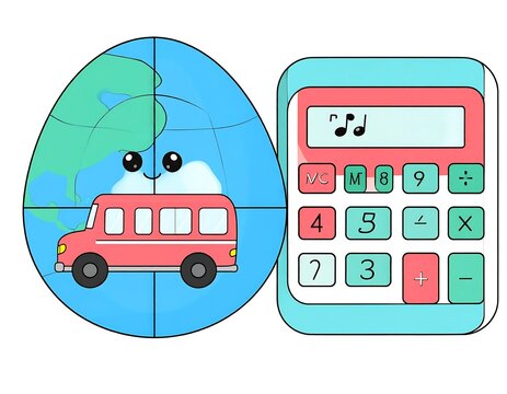 Cute Cartoon Illustration Featuring a School Bus and Calculator.