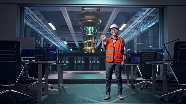 Full Body Of Asian Male Engineer With Safety Helmet Smiling And Showing Okay Gesture To The Camera While Standing at Futuristic Quantum Computer Data Center Control Room