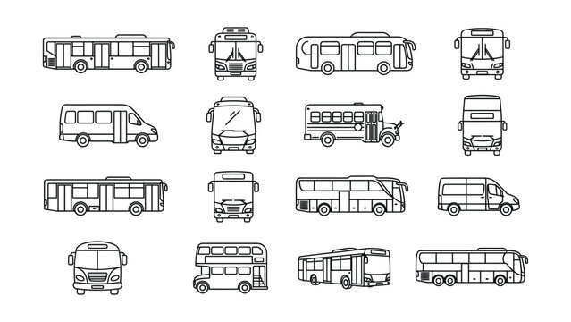 Collection of various bus and van vehicle types in black outline on white background for transportation and travel concepts  public transit vehicles