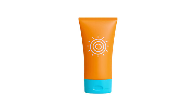 Orange sunscreen tube with sun icon and blue cap