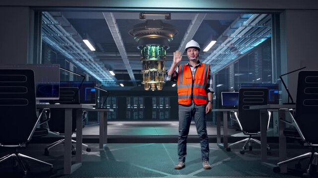 Full Body Of Asian Male Engineer With Safety Helmet Smiling To Camera And Waving Hand Saying Bye While Standing at Futuristic Quantum Computer Data Center Control Room