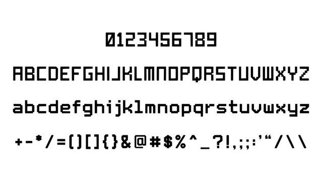 Alphanumeric Characters and Symbols Digital Display in Pixelated Font, Showing Letters, Numbers and Punctuation on Blank Backgroun