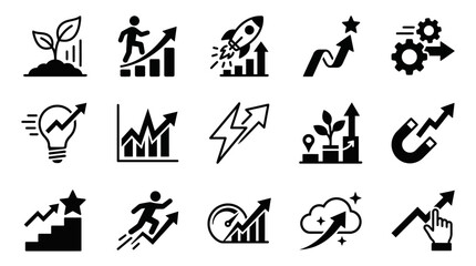 Obraz premium Clean Black and White Icons Set Showing Growth Success Innovation and Business Development Concepts