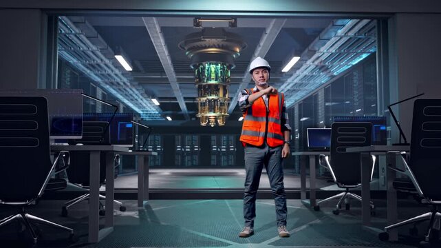 Full Body Of Asian Male Engineer With Safety Helmet Smiling And Touching His Chest Then Pointing At You While Standing at Futuristic Quantum Computer Data Center Control Room