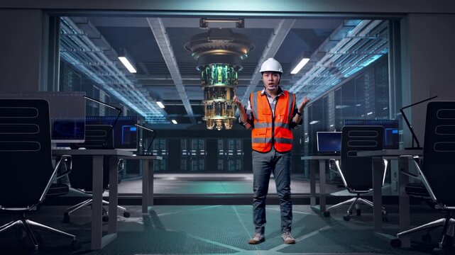 Full Body Of Wondering Asian Male Engineer With Safety Helmet Saying Why Working Doubtfully at Futuristic Quantum Computer Data Center Control Room