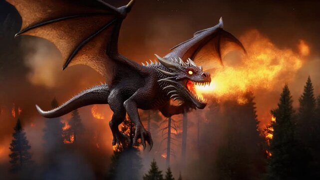 Fierce black dragon breathing massive flames while flying over a burning forest in this dynamic fantasy motion video animation clip