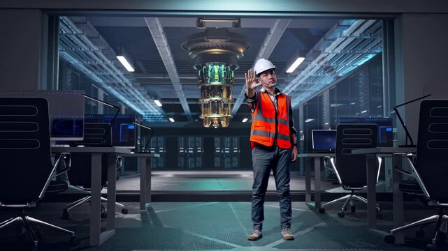 Full Body Of Asian Male Engineer With Safety Helmet Disapproving With No Hand Sign While Standing at Futuristic Quantum Computer Data Center Control Room