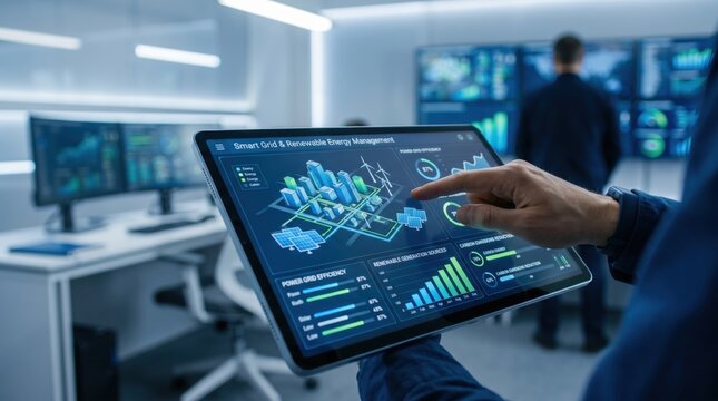 Operator using smart grid and renewable energy management software on digital tablet in futuristic control room environment
