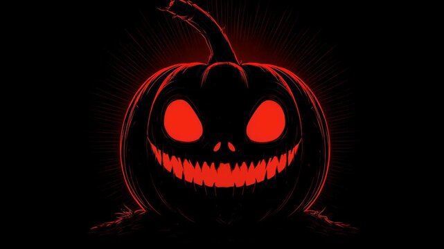 Red glowing jack-o-lantern on dark background. Scary pumpkin with evil smile for Halloween. Horror night concept with illuminated mysterious autumn vegetable decor.