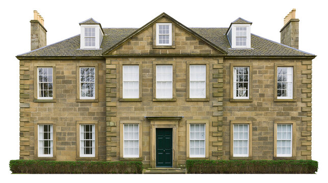Georgian stone mansion with dormer windows and chimneys