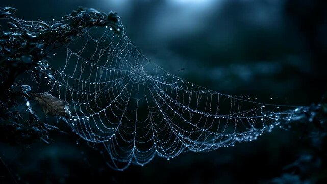 Spider web with morning dew in dark forest. Creepy Halloween decoration found in nature. Atmospheric nighttime scene with shining droplets on intricate silk mesh.