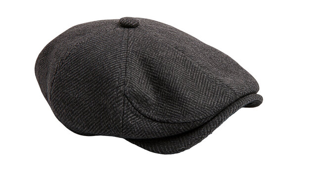 Dark grey herringbone tweed flat cap with button detail