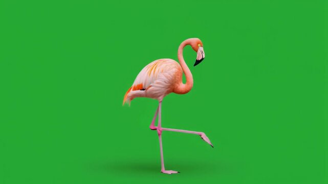 Pink flamingo bird standing on one leg isolated against a vibrant green screen background for professional digital video motion footage