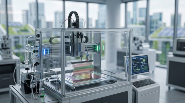 High-tech automated 3D printer fabricating colorful layered material inside glass enclosure