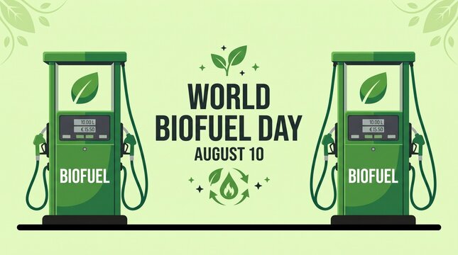 World biofuel day celebration with biofuel pumps and green leaves, celebration