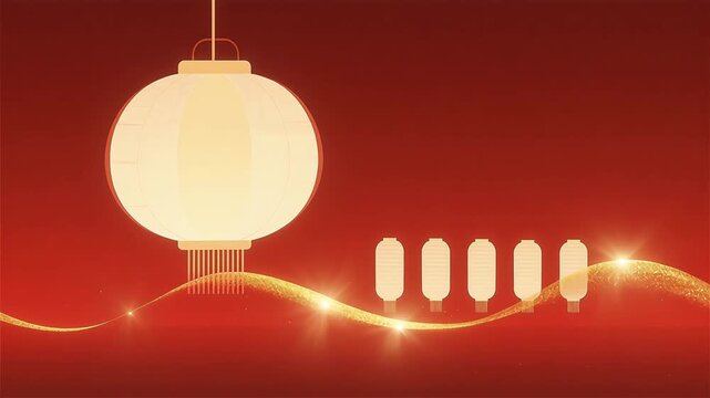 Traditional Chinese red lantern hanging decoration against an elegant golden oriental wave pattern layout.