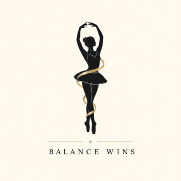 Minimalist ballet dancer balancing on one leg. Silhouette of ballerina in elegant pose with text overlay. Abstract logo design for dance studios an...