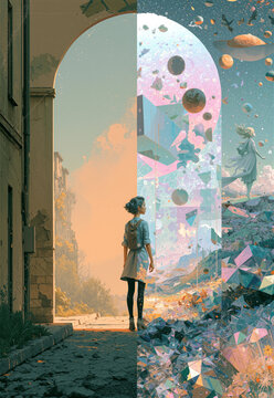 Magical Realism Book Cover with Figure Crossing Between Reality & a Surreal Dreamlike World

Featuring Blended Landscapes, Impossible Geometry, Ethereal Elements & Enchanting Fantasy Illustration.