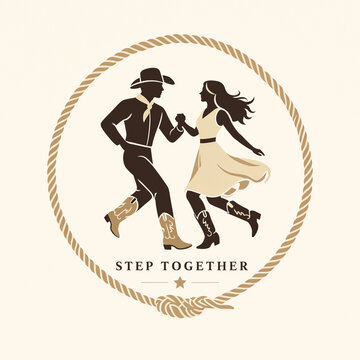 Couple dancing country two-step. Silhouette partners in cowboy boots mid-dance move. Romantic western line dance illustration.