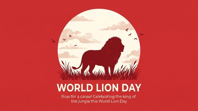 World lion day celebration with lion silhouette and birds flying in the sky