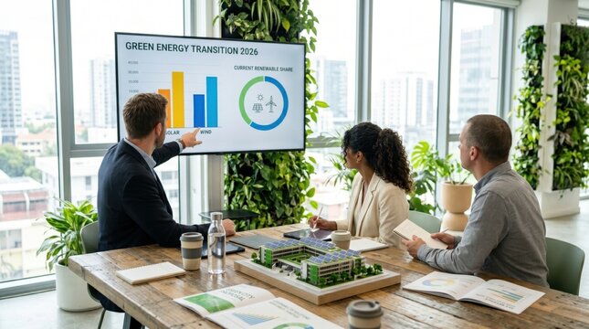 Corporate team discussing green energy transition strategy for 2026 around wooden table with architectural model of sustainable building complex