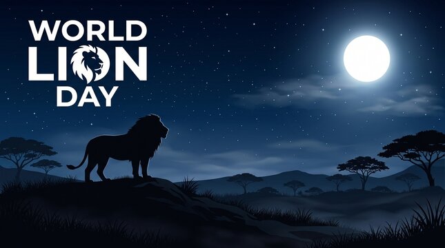 World lion day celebration with a lion standing on a rock under a full moon