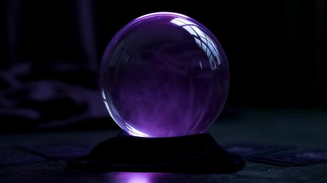 Glowing crystal ball with smoke inside for Halloween. Fortune teller sphere in dark room. Mystical magic orb for divination, future prediction and sorcery ritual.