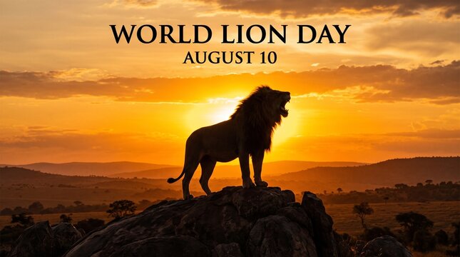 World lion day august 10th with lion silhouette on rock at sunset, silhouette