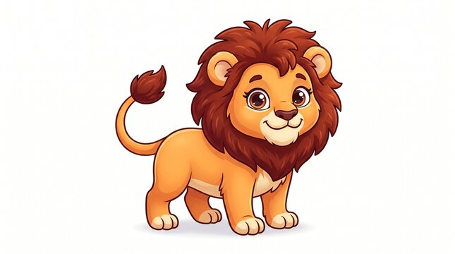 Cartoon lion cub sitting with a bushy tail and a cute expression, big cat