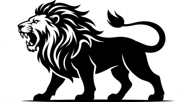 Black and white illustration of a roaring lion standing on all fours, facing