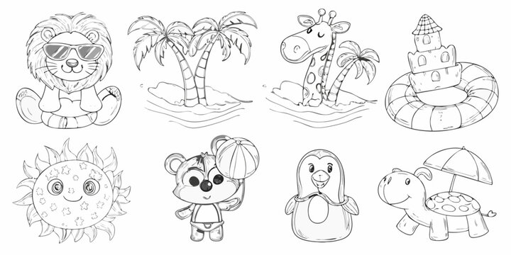 Tropical animal and plant vector illustrations on a white background