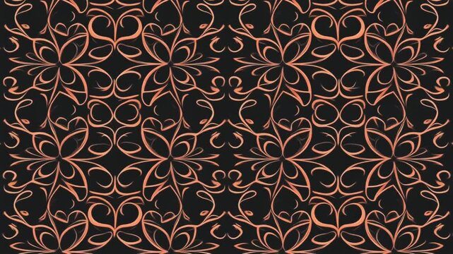 Elegant floral pattern moving in a seamless loop animation with soft orange glowing lines against a deep dark black background
