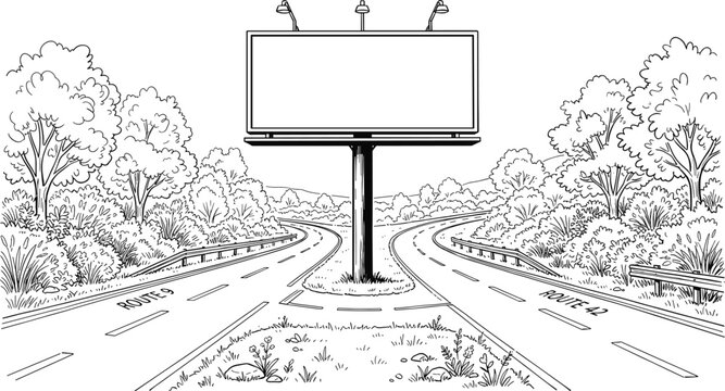 Hand drawn highway fork road landscape sketch with blank outdoor billboard sign route markings and roadside trees vectors