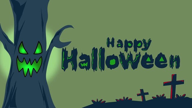 Happy Halloween Spooky Haunted Tree motion With Glowing Face and Graveyard Banner